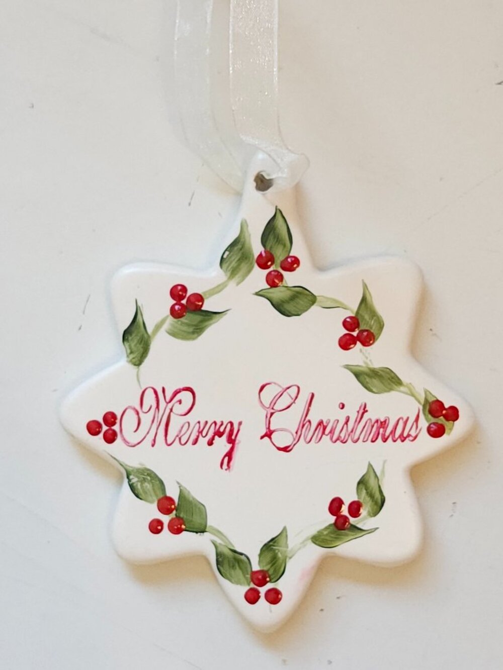 CLASSIC Christmas Ceramic Star Ornament Hand Painted Holly Berries